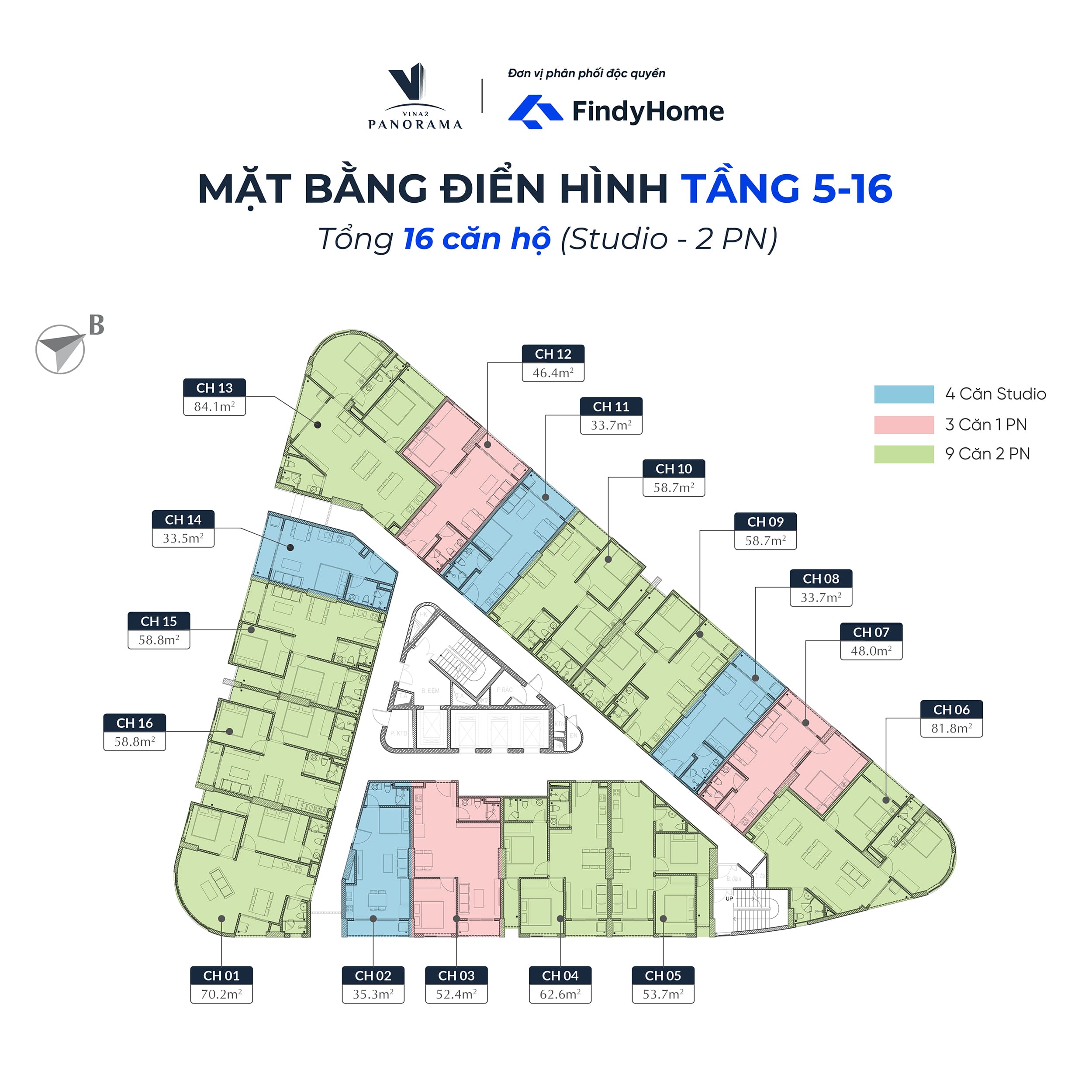 Mặt bằng tầng 5-16 - Căn hộ Vina2 Panorama Quy Nhơn